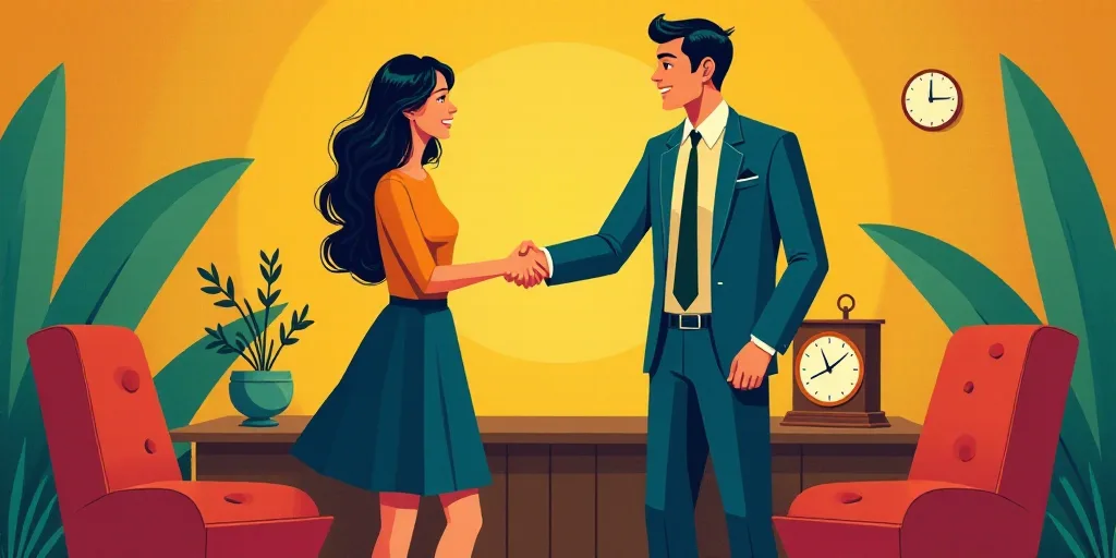 a man and woman shaking hands in front of a desk with a clock on it and a man in a suit and tie, Car