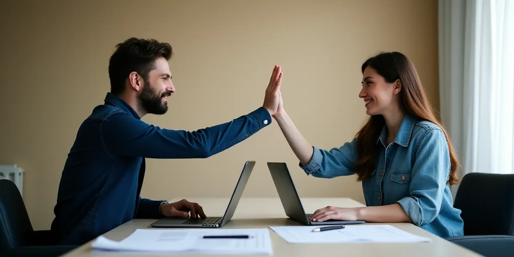 a man and woman sitting at a table with laptops and papers in front of them, high five, Avgust Čern