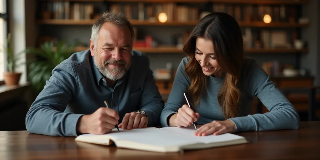 a man and woman sitting at a table signing a book together with a pen and paper in front of them, Ar