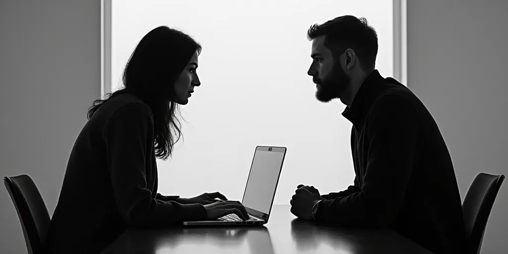 a man and woman sitting at a table with a laptop computer in front of them, talking to each other, A