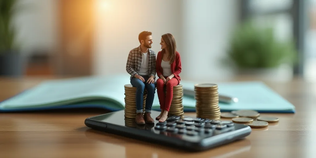 a man and woman sitting on top of a phone next to stacks of coins and a calculator, Ceferí Olivé,