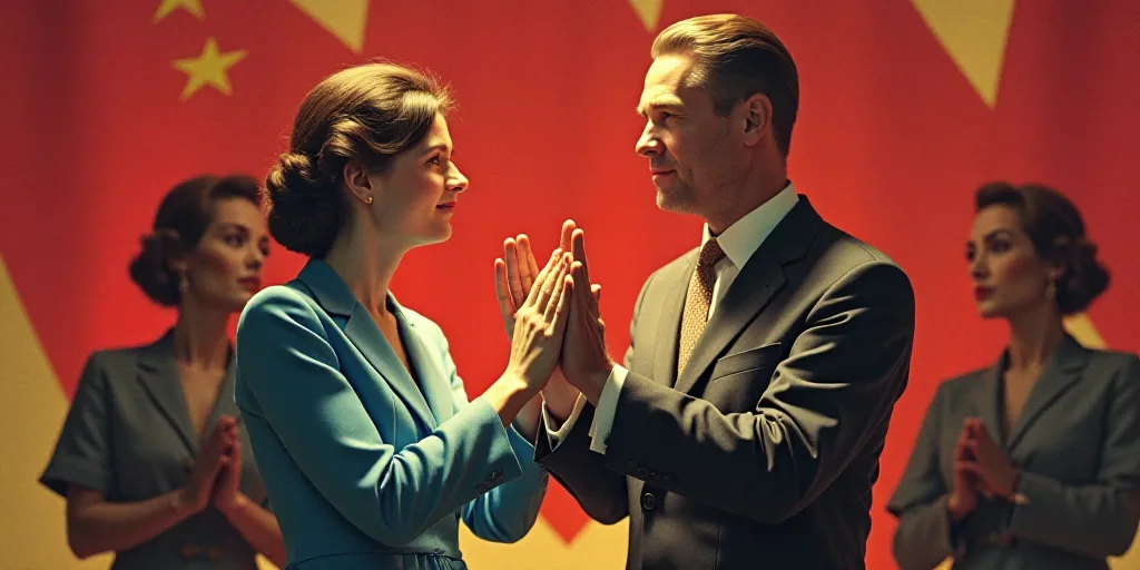 a man and woman standing in front of flags clapping hands together with a woman standing behind them