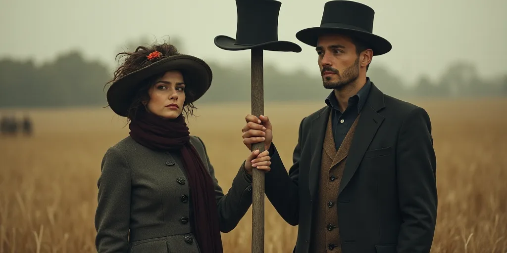 a man and woman standing next to each other holding a pole with a hat on it's head, Carlos Francisco