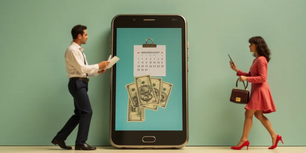 a man and woman standing next to a phone with a calendar and money in it and a woman holding a purse