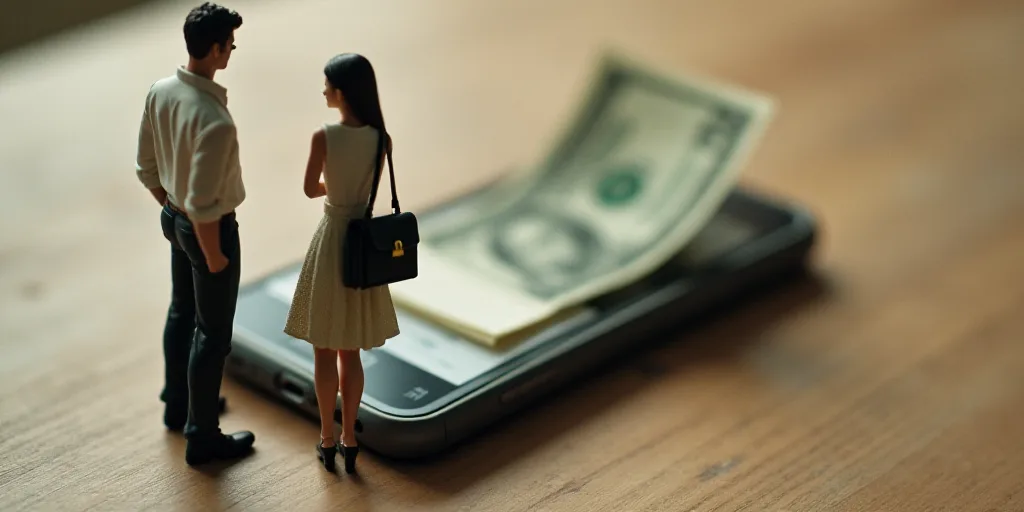 a man and woman standing next to a phone with a calendar and money in it and a woman holding a purse