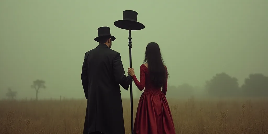 a man and woman standing next to each other holding a pole with a hat on it's head, Carlos Francisco