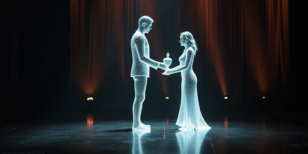 a man and woman standing on a stage with a trophy in their hands and a man holding a glass trophy, A