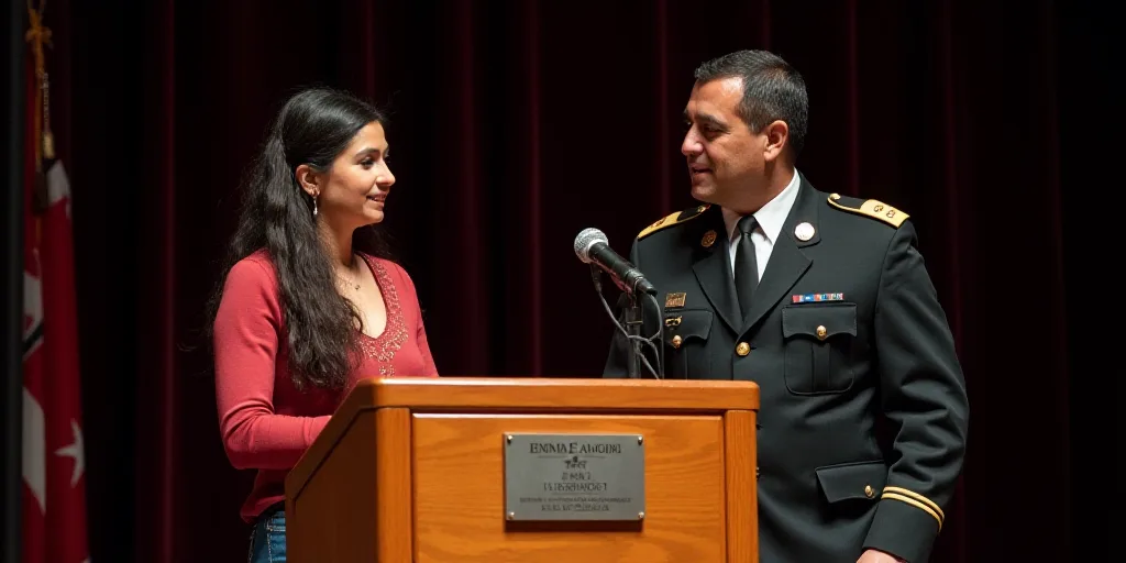 a man and woman standing on stage with a plaque in front of them and a man in uniform standing next