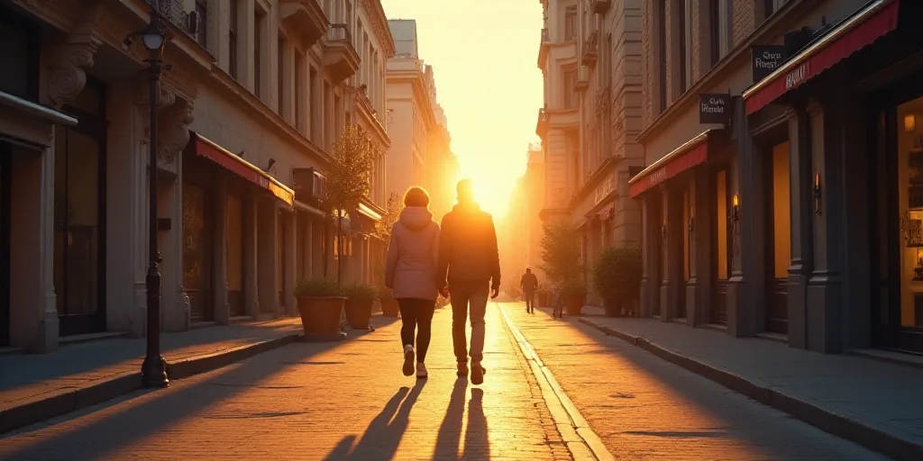 a man and woman walking down a street next to tall buildings and shops on a sunny day with the sun s