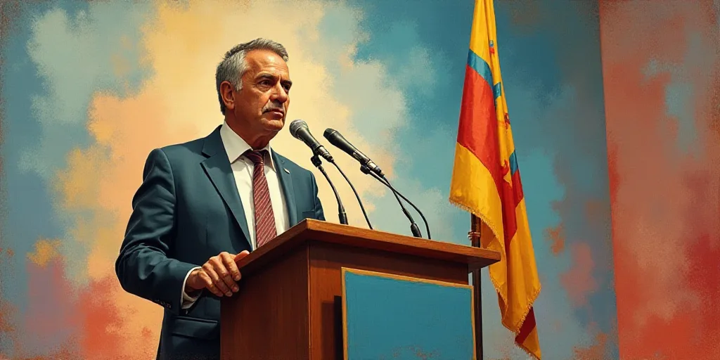 a man giving a speech at a podium with a microphone in front of him and a sign behind him, Aníbal V