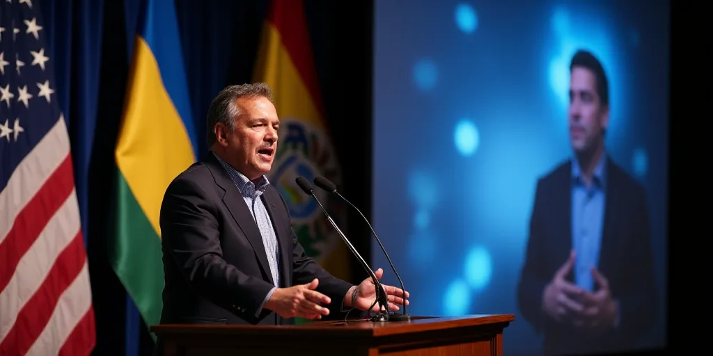 a man giving a speech at a podium with a flag behind him and a flag behind him with a man in a black