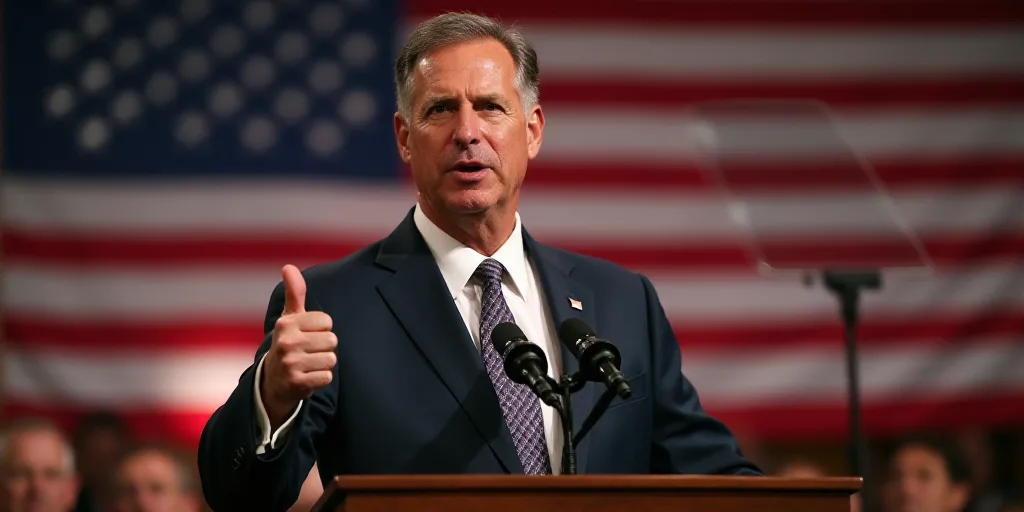 a man giving a thumbs up in front of a podium with a flag behind him and a microphone in front of hi