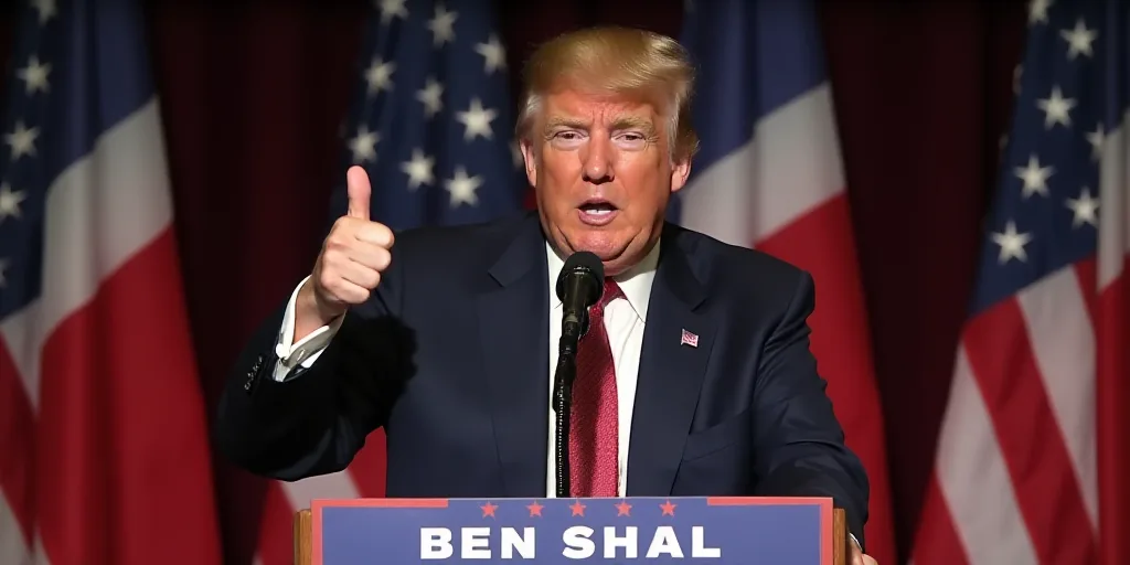 a man giving a thumbs up in front of a podium with a flag behind him and a microphone in front of hi