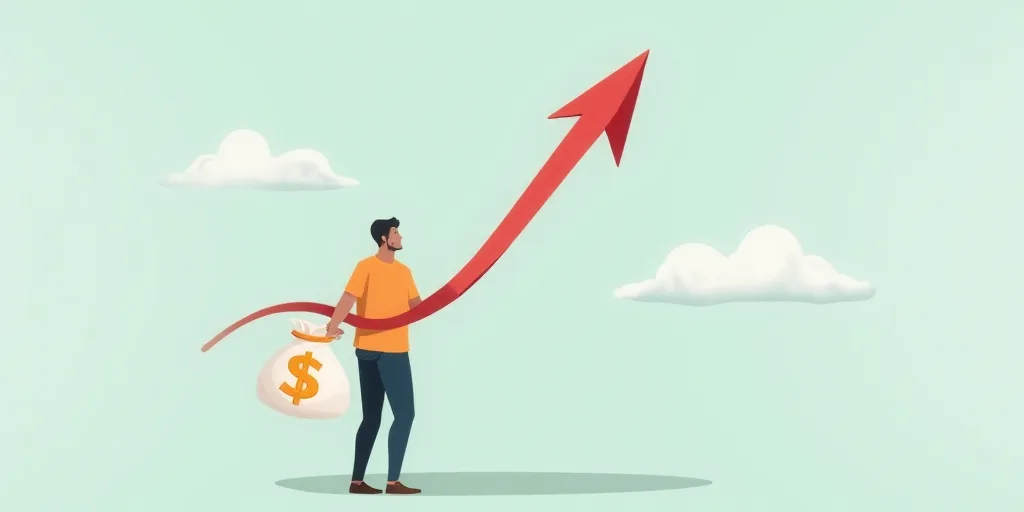 a man holding a bag of money and a red arrow pointing to the sky with a dollar sign on it, Andries S
