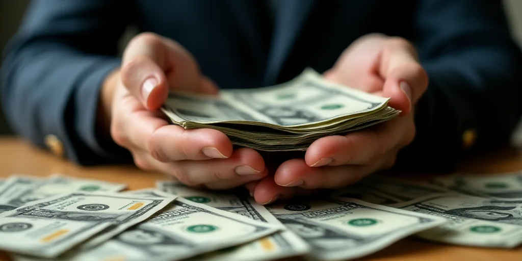 a man holding a bunch of money in his hands on top of a table with other money on it, Bourgeois, 16k