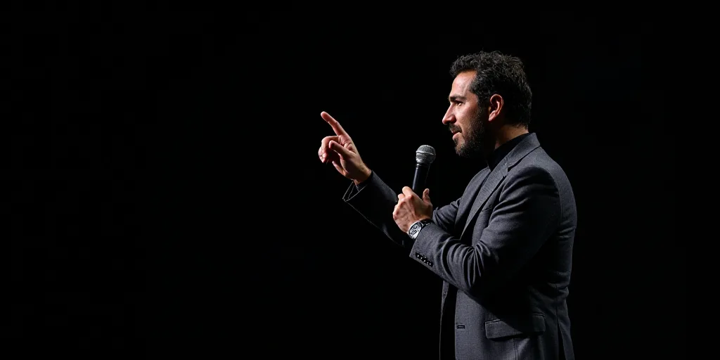 a man holding a microphone in his right hand and pointing to the side with his right hand and a blac