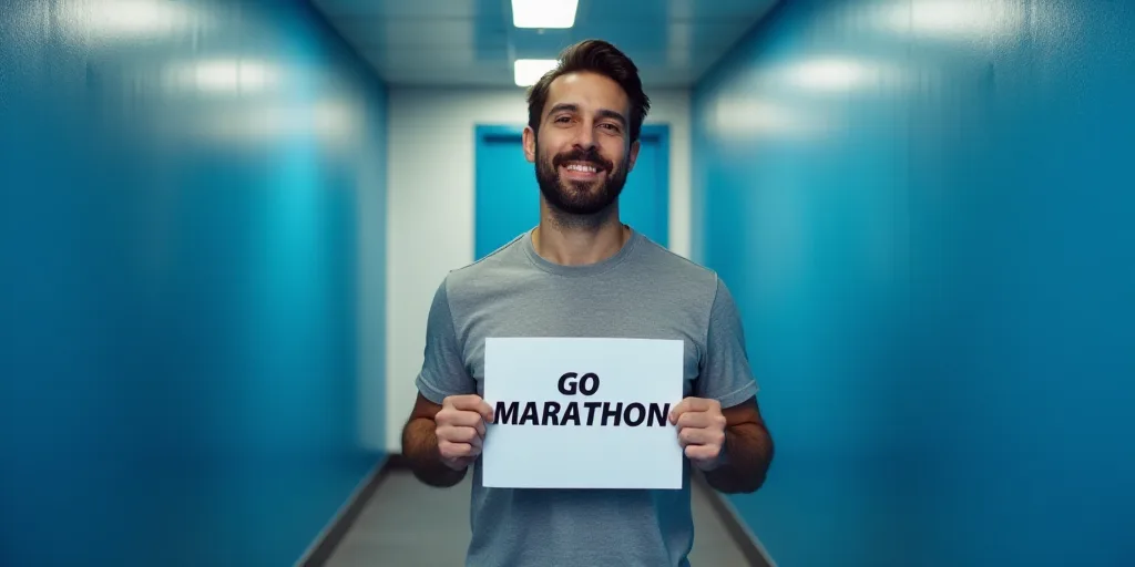 a man holding a sign in a hallway with a blue wall and a blue door behind him that says go marathon,