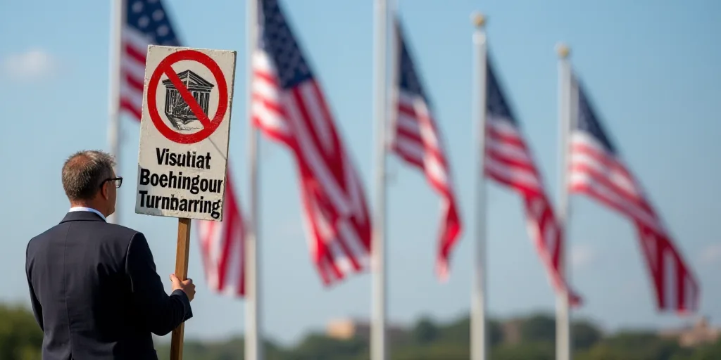 a man holding a sign in front of a flag pole with flags in the background and a sign that says no st