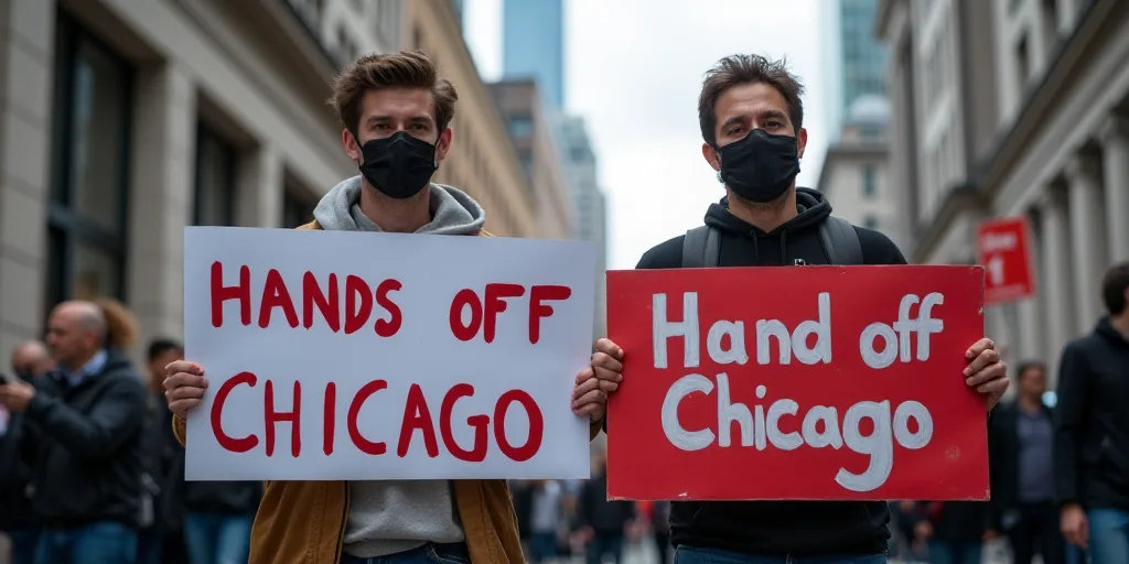 a man holding a sign that says hands off chicago and a man wearing a mask holding a sign that says h