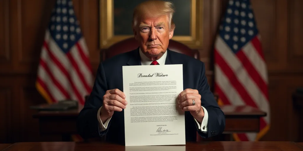 a man holding a signed document in front of a flag and a desk with american flags in the background,