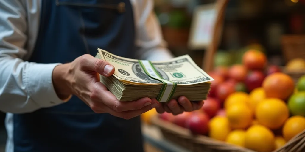 a man holding a stack of money in his hands next to a fruit stand with fruit on display in baskets,