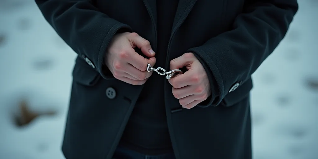 a man holding his hands in handcuffs with both hands on his chest and the other hand on his chest, D