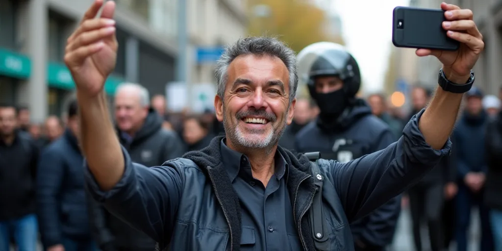 a man holding up a sign in front of a crowd of people on a street corner with a police officer in th