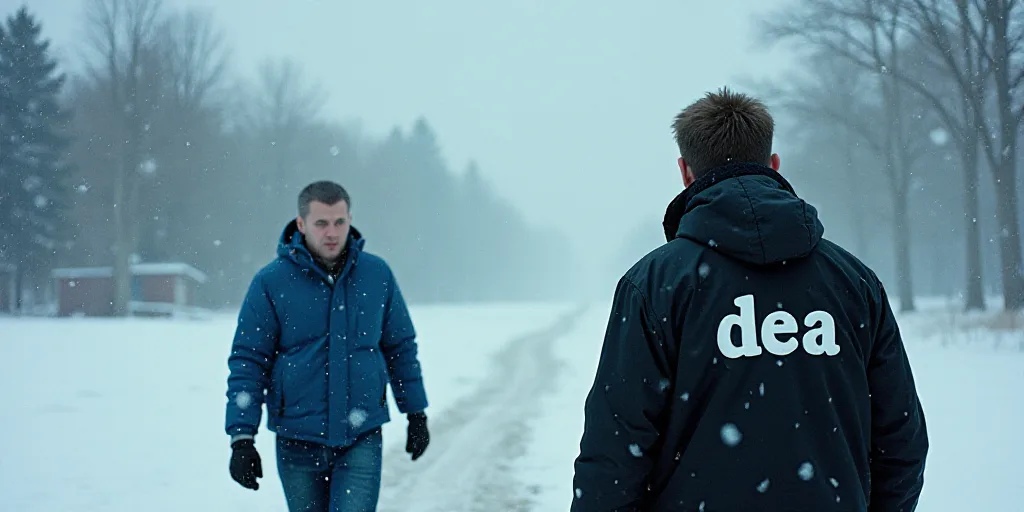 a man in a black jacket with the word dea on it is walking towards another man in a blue shirt, Elai