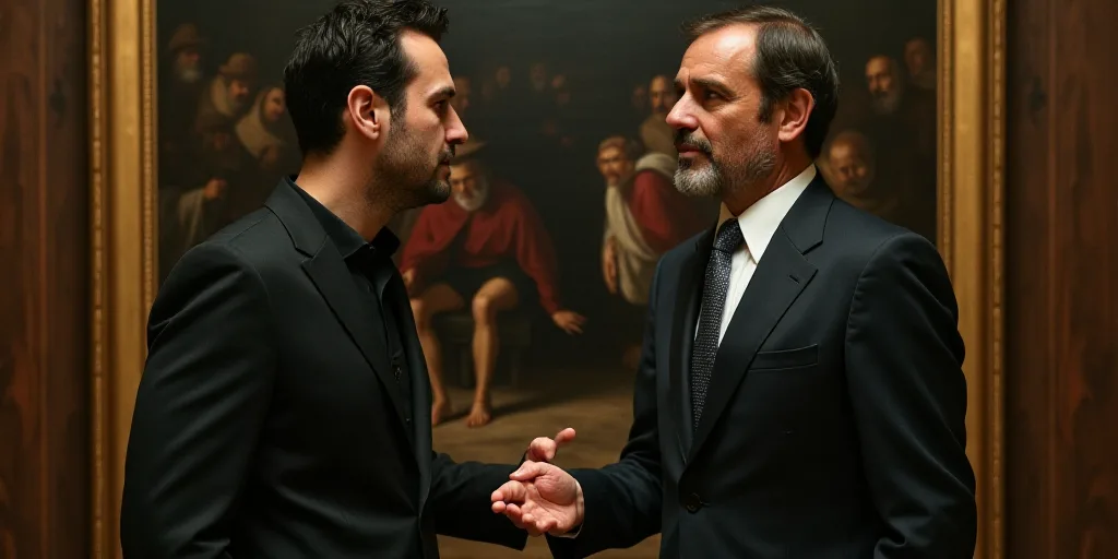 a man in a black shirt and a man in a suit and tie are standing together and one is holding his hand
