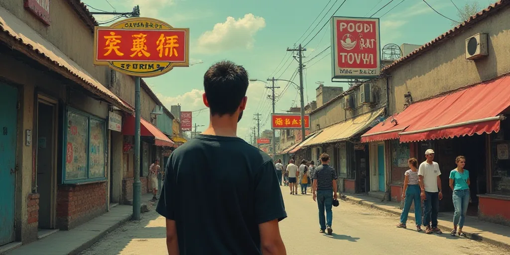 a man in a black shirt and some people and a sign and a building and a building with a sign, Carlos