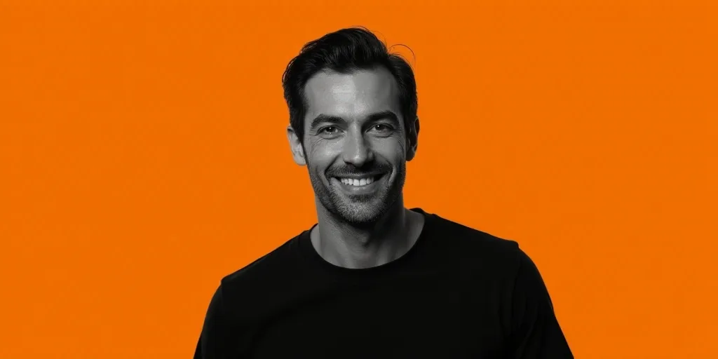 a man in a black shirt is smiling for the camera with an orange background and a black and white pho