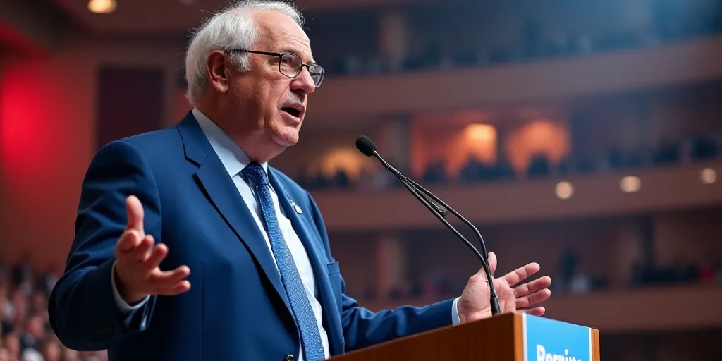 a man in a blue suit and tie giving a speech at a conference hall with a banner behind him, Bernie D