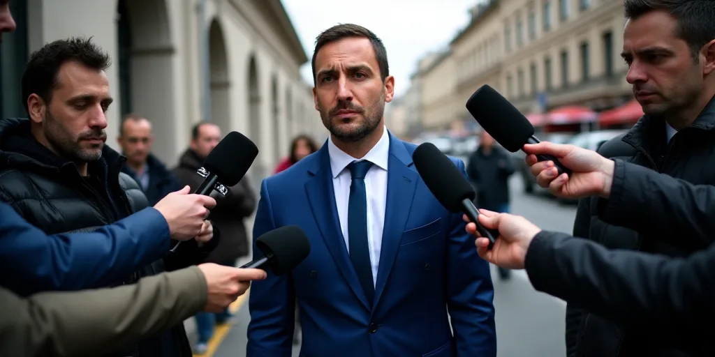 a man in a blue suit is surrounded by reporters and microphones as he walks down a street in a city,