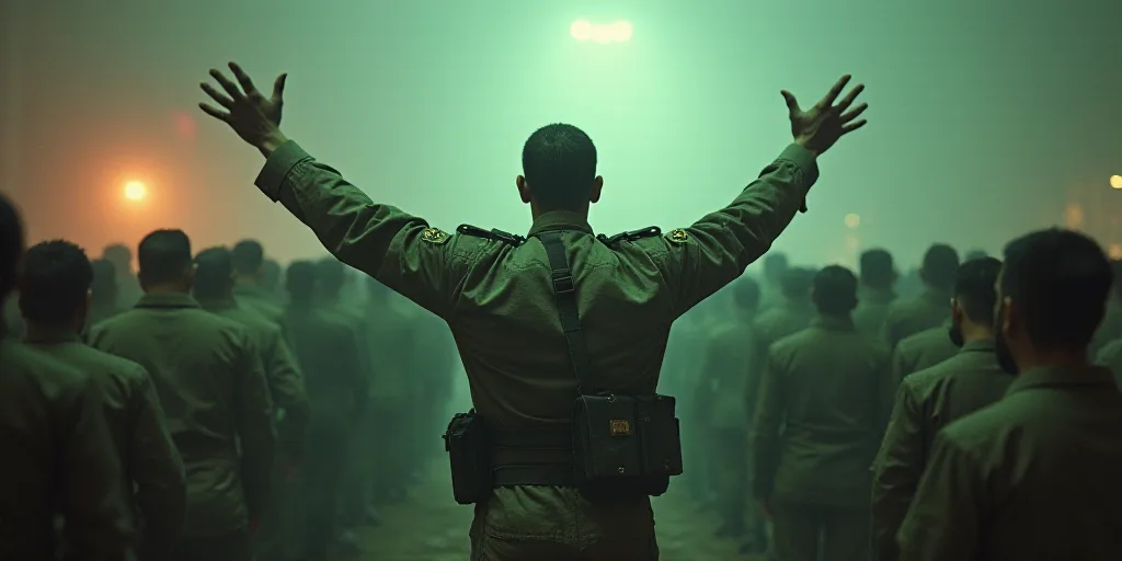 a man in a camouflage uniform is holding his arms up in the air and a crowd of people behind him, Es