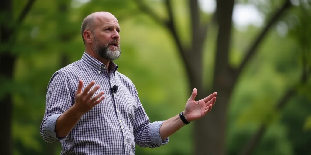 a man in a checkered shirt is giving a speech with his hands and a blurry background of trees, David