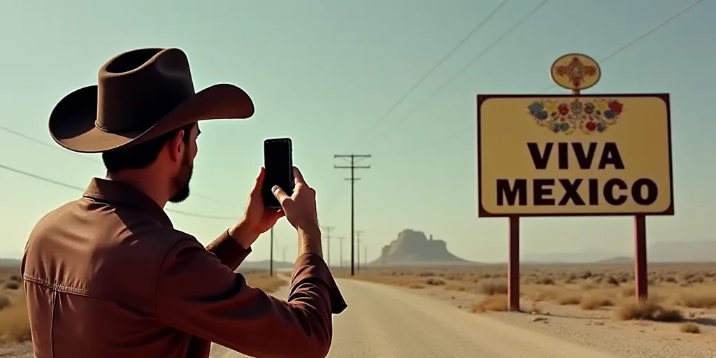 a man in a cowboy hat taking a picture of a sign with a cell phone in his hand that says viva mexico