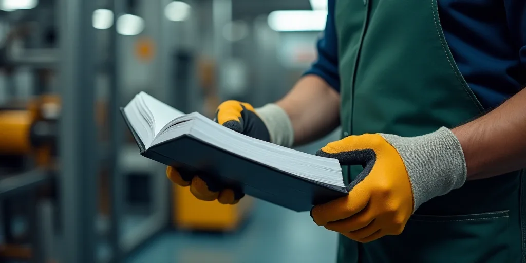 a man in a factory with a pair of safety gloves on his hands and a book in his hand, Andries Stock,