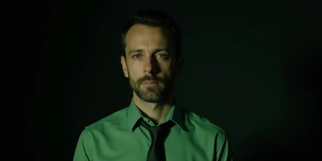 a man in a green shirt and tie looking at the camera with a dark background and a black background,