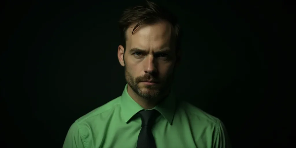 a man in a green shirt and tie looking at the camera with a dark background and a black background,