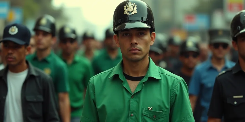 a man in a green shirt is walking in a crowd of people with police hats on his head and a police off