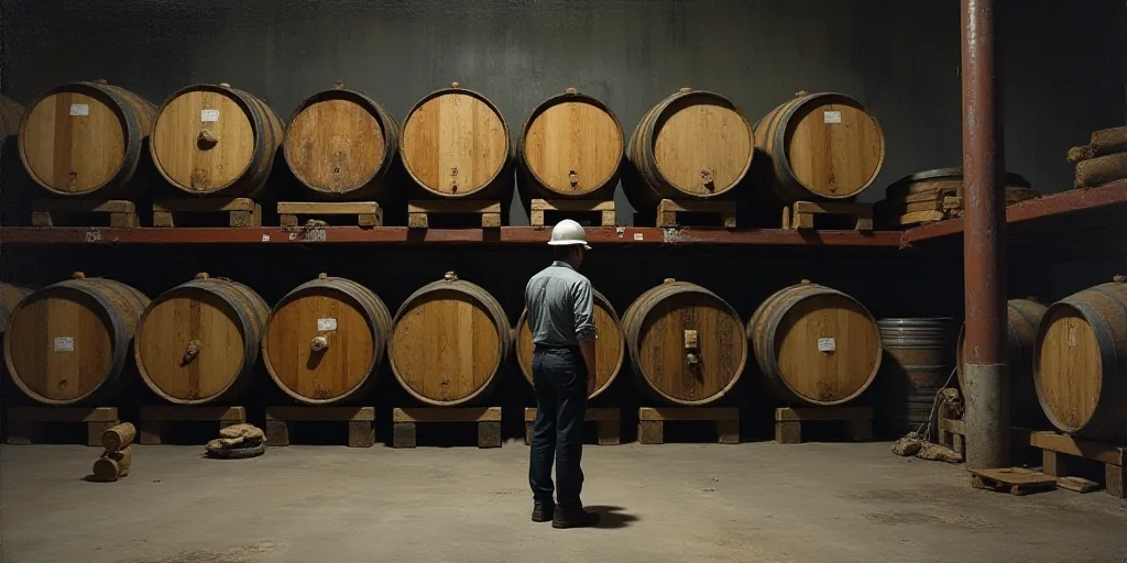 a man in a hard hat is standing in front of a rack of barrels and other items in a warehouse, Andrie