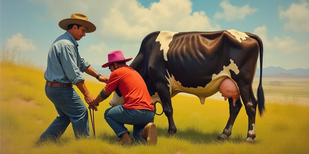 a man in a hat is milking a cow with another man in a red shirt and a pink hat, Félix Arauz, pbr, a