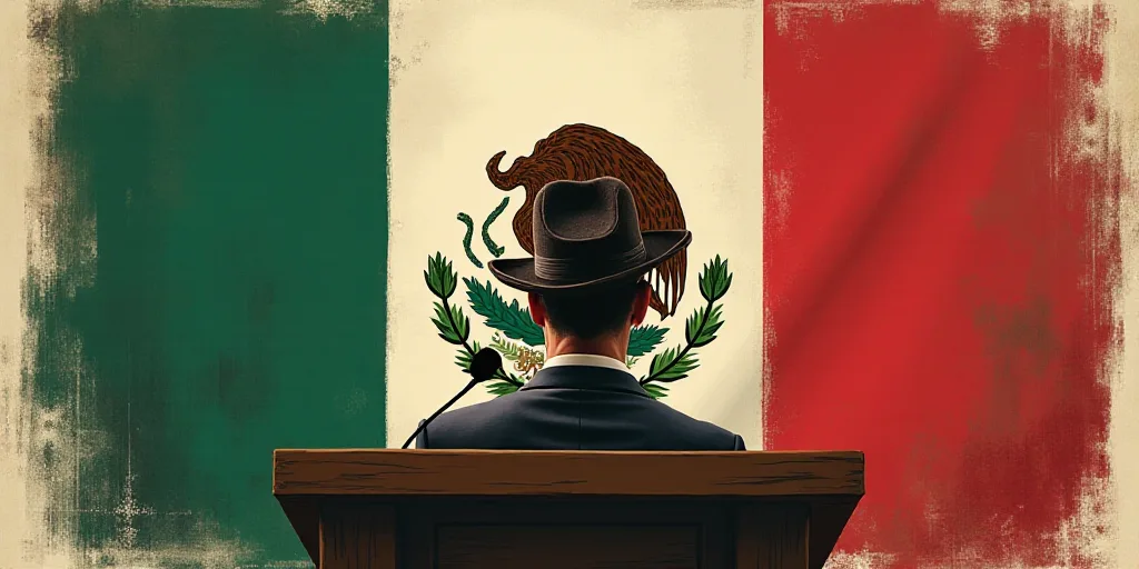 a man in a hat standing at a podium with a mexican flag behind him and a sign behind him, Enrique Gr