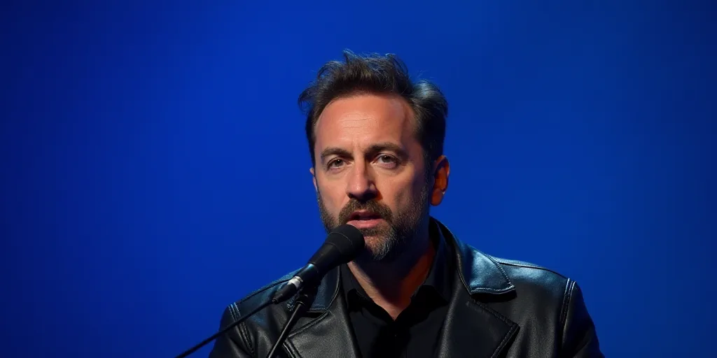 a man in a leather jacket speaking into a microphone with a microphone stand in front of him and a b