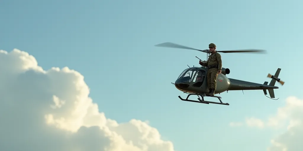 a man in a military uniform is flying a remote control helicopter in the sky with a man in a militar