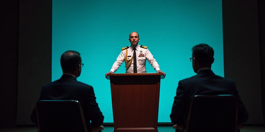 a man in a military uniform standing at a podium with two men in suits and ties sitting in chairs, C