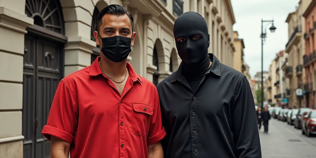 a man in a red shirt and a man in a black mask are standing in front of a building, Estuardo Maldona