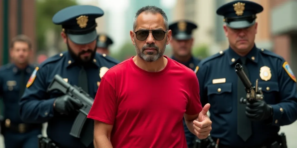 a man in a red shirt is being escorted by police officers in uniform and holding guns in his hand, E