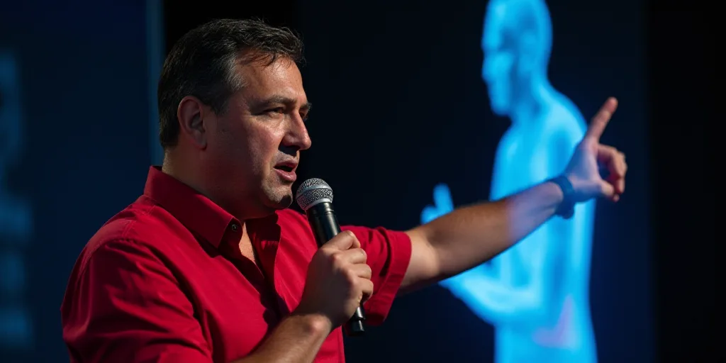 a man in a red shirt is speaking into a microphone and pointing to the side of the picture with his