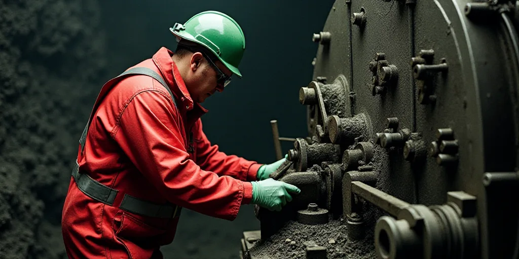 a man in a red uniform and a green helmet working on a piece of machinery in a coal mine, Clovis Tro